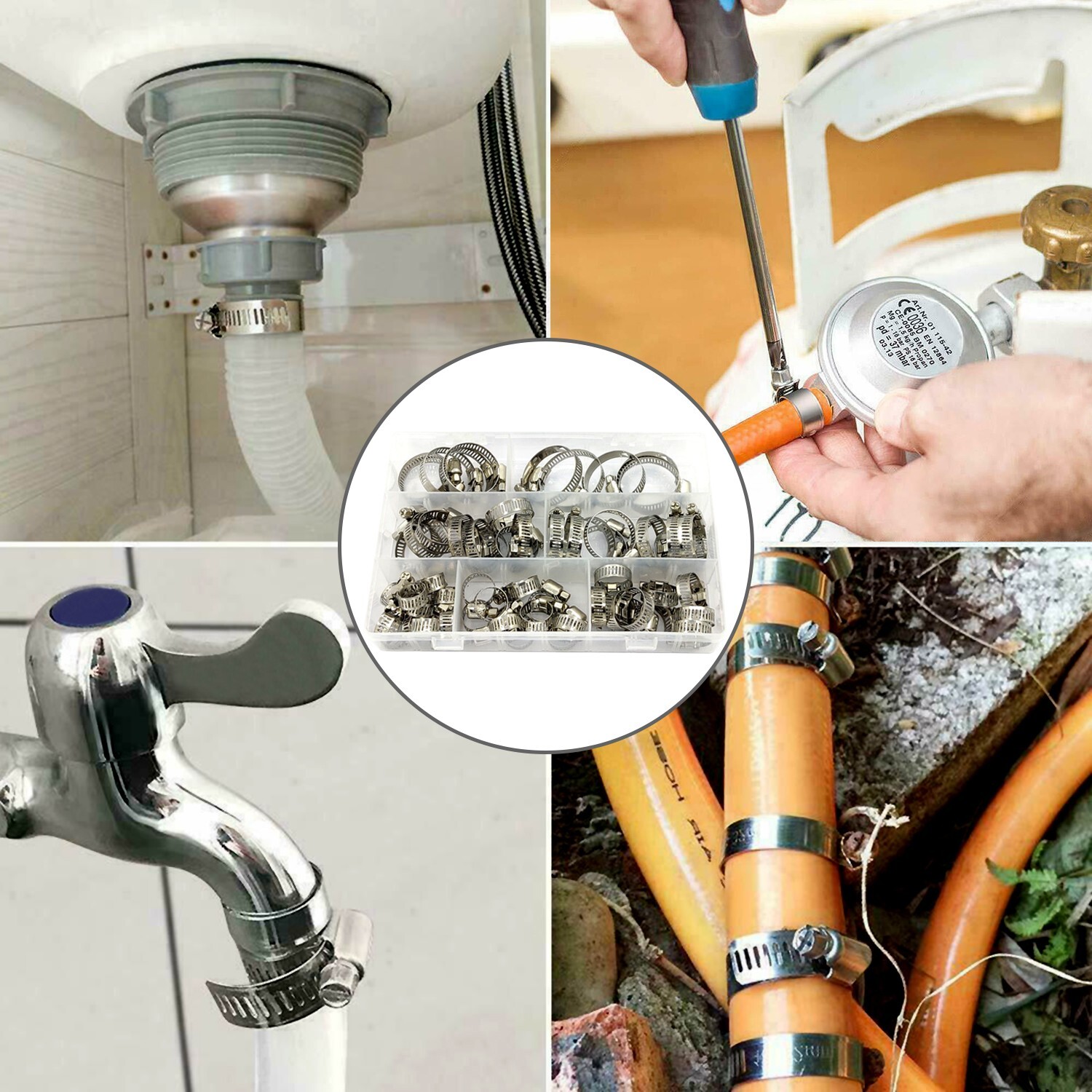 60pcs Adjustable Hose Clamps Worm Gear Stainless Steel Clamp Assortment 7 Sizes