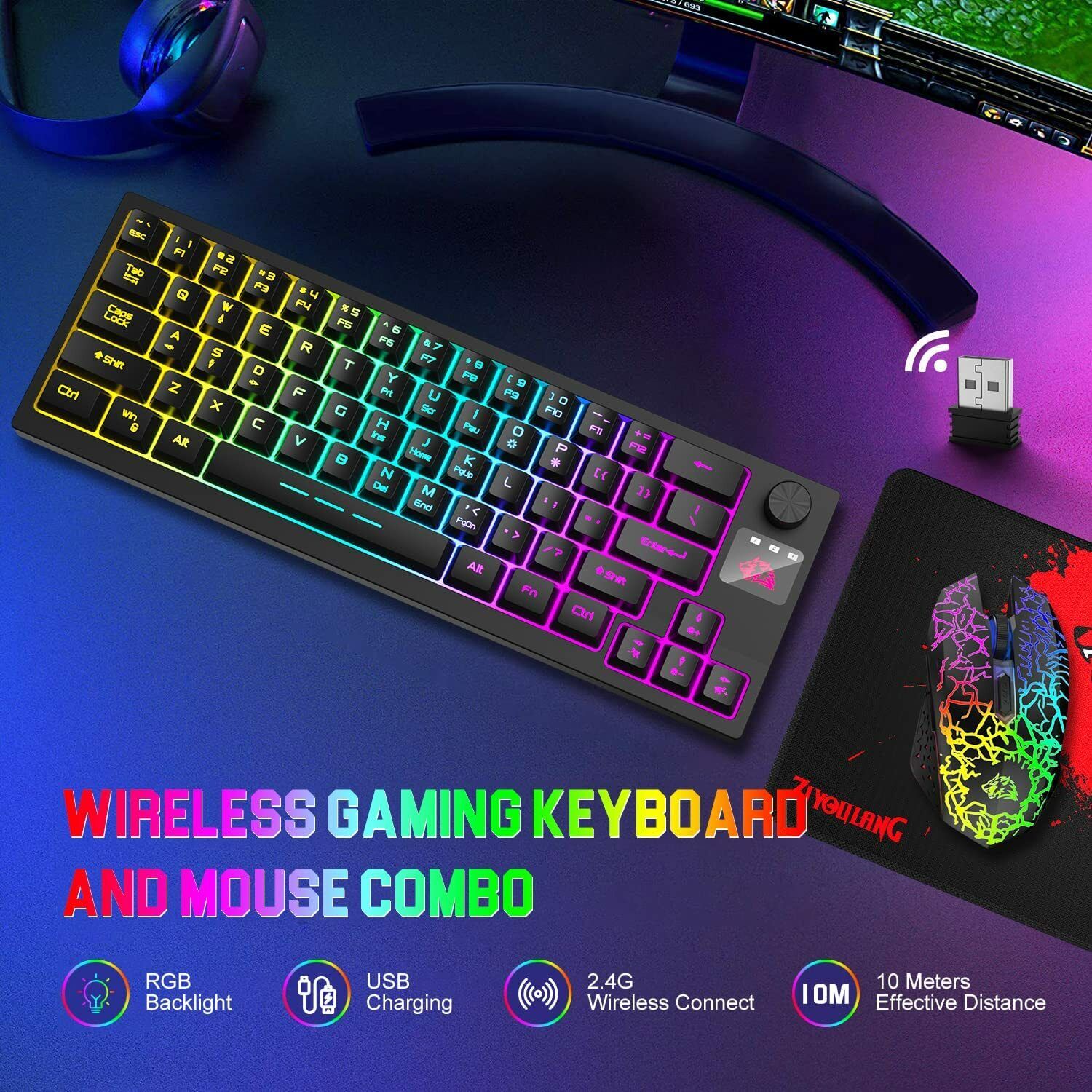 And Mouse Combo Rgb Led Rainbow Backlit Anti-ghosting Wirele