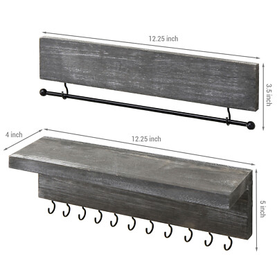 MyGift 2 Piece Set of Wall Mounted Ash Gray Wood Hanging Jewelry Organizer Racks