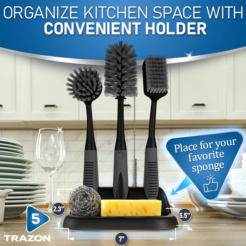 Dish Brush Set of 3 with Bottle Water Brush, Scrub Brush and Scrubber Brush - Ki
