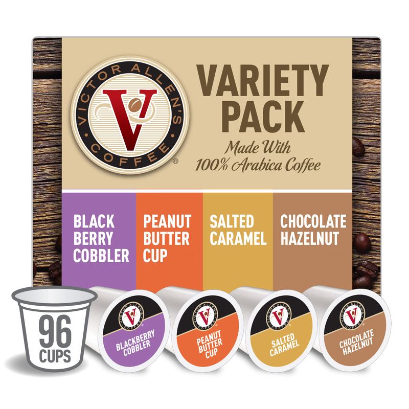 Sweet and Salty Variety Pack for K-Cup Keurig 2.0 Brewers, 96 Count, Peanut Butter Cup, Salted Caramel, Blackberry Cobbler, and Chocolate Hazelnut, Victor Allen’S Coffee Single Serve Coffee Pods