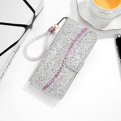 Silver Glitter Wallet Phone Case For Samsung iPhone Xiaomi Redmi Huawei Google