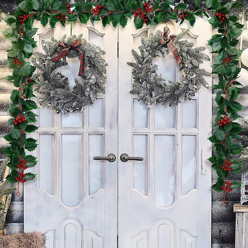 5.8Ft Christmas Red Berries & Holly Garland Foliage Xmas Fireplace Home Decor US