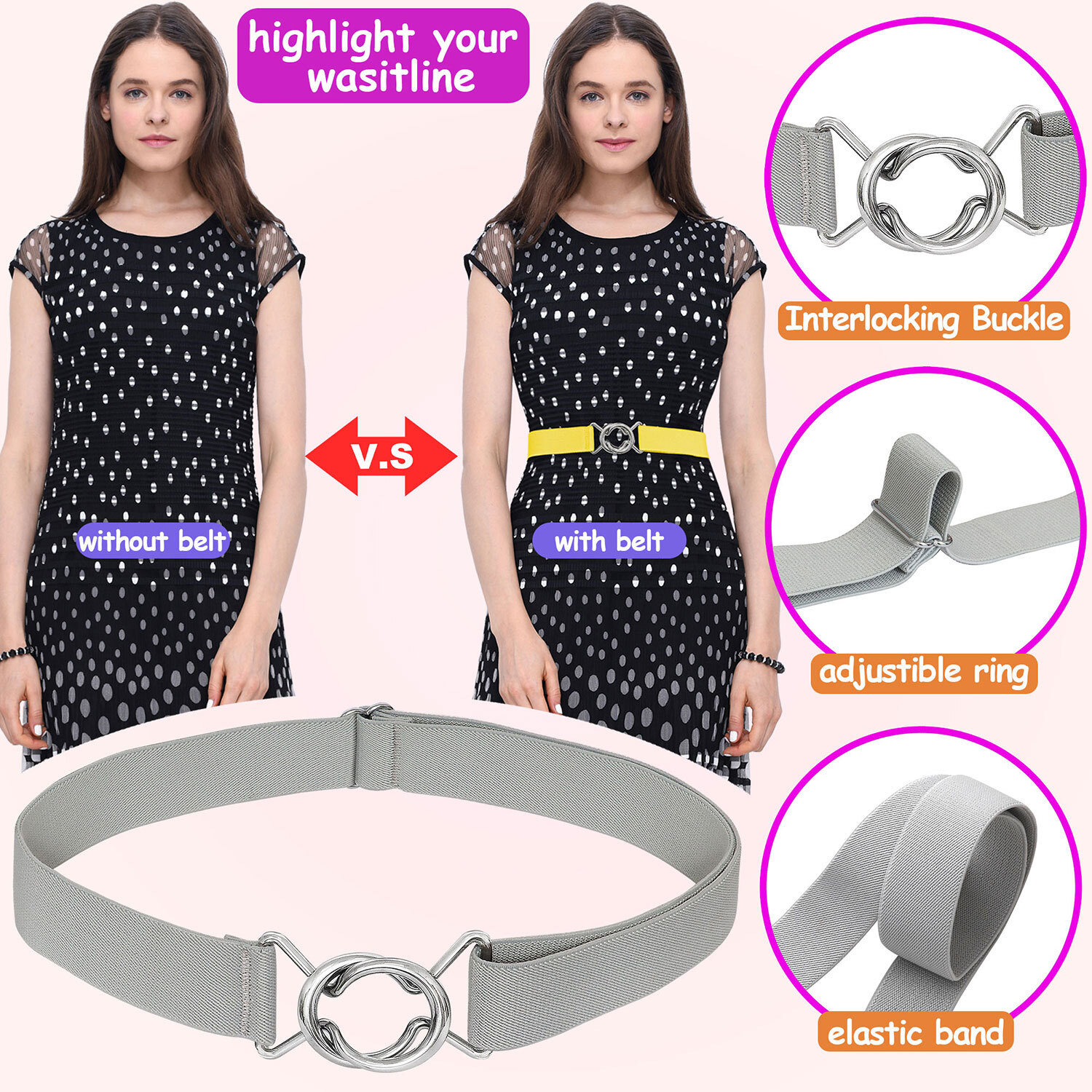 Falari Women Stretch Belt Adjustable Web Metal Buckle All Occasion Dress Belt