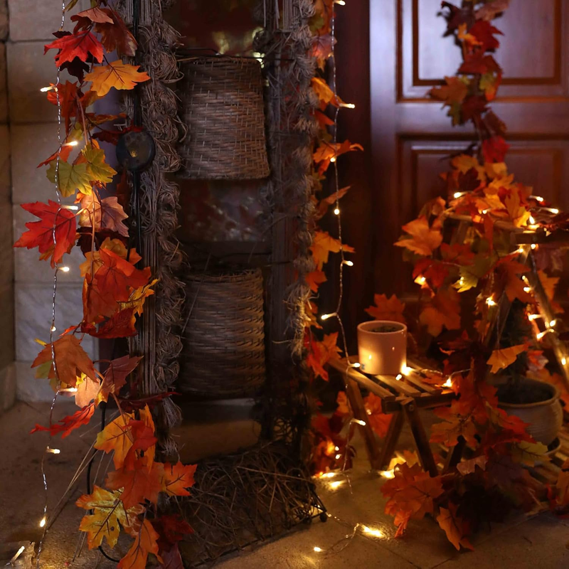 2 Pack Fall Maple Garland with 40 LED String Light - 5.8ft/Piece Artificial Fall
