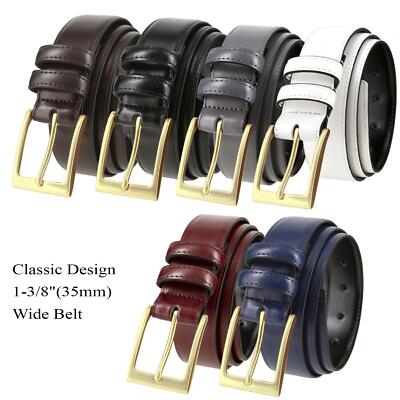 Men's Belt Classic Gold Buckle Genuine Leather Dress Belt 1-3/8"(35mm) Wide