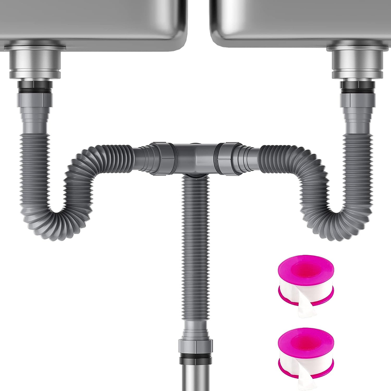 Flexible Expandable P-Trap Kit for Double Kitchen Sink Drain - Fits 1 1/2