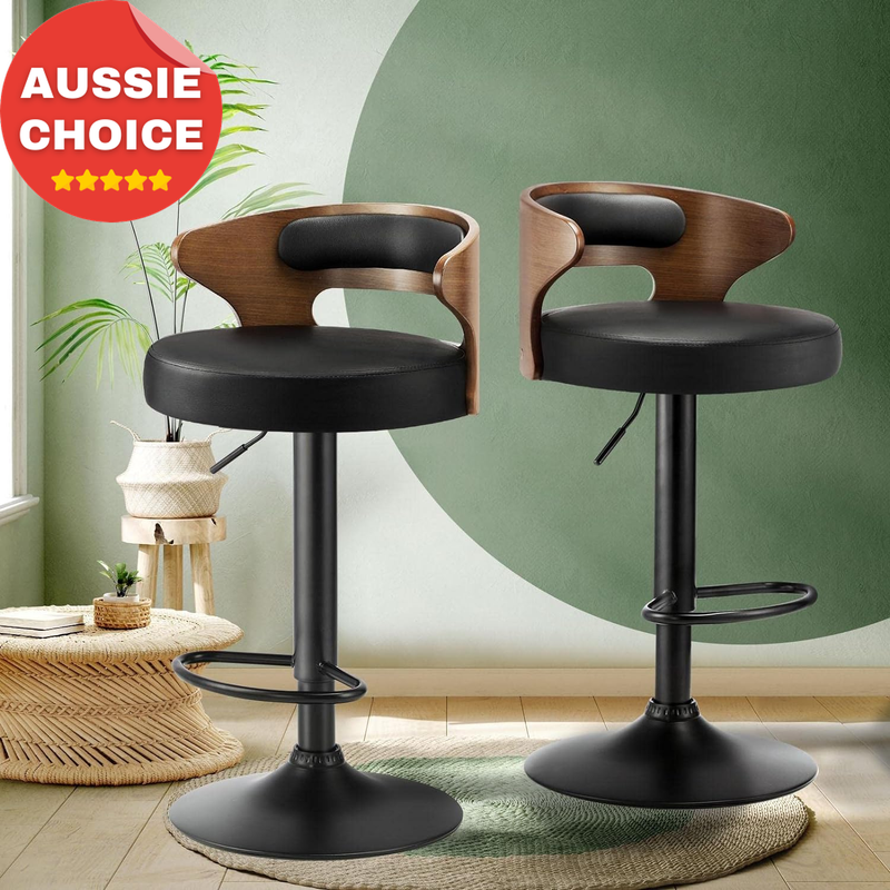 Black Wooden Bar Stools Set of 2 Adjustable Height Swivel Chairs Gas Lift