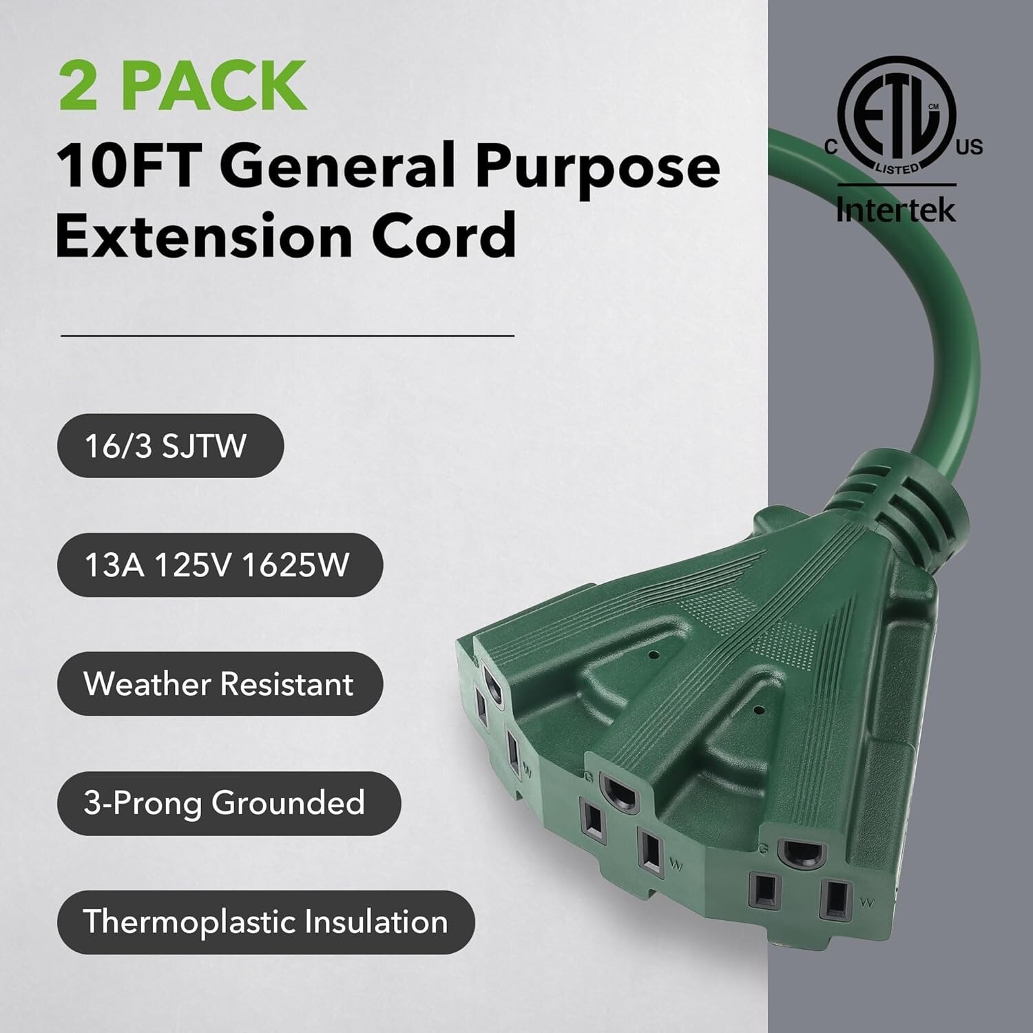 BN-LINK 10/15/25Ft Outdoor Extension Cord with 3 Outlets, 16/3 SJTW, ETL Listed