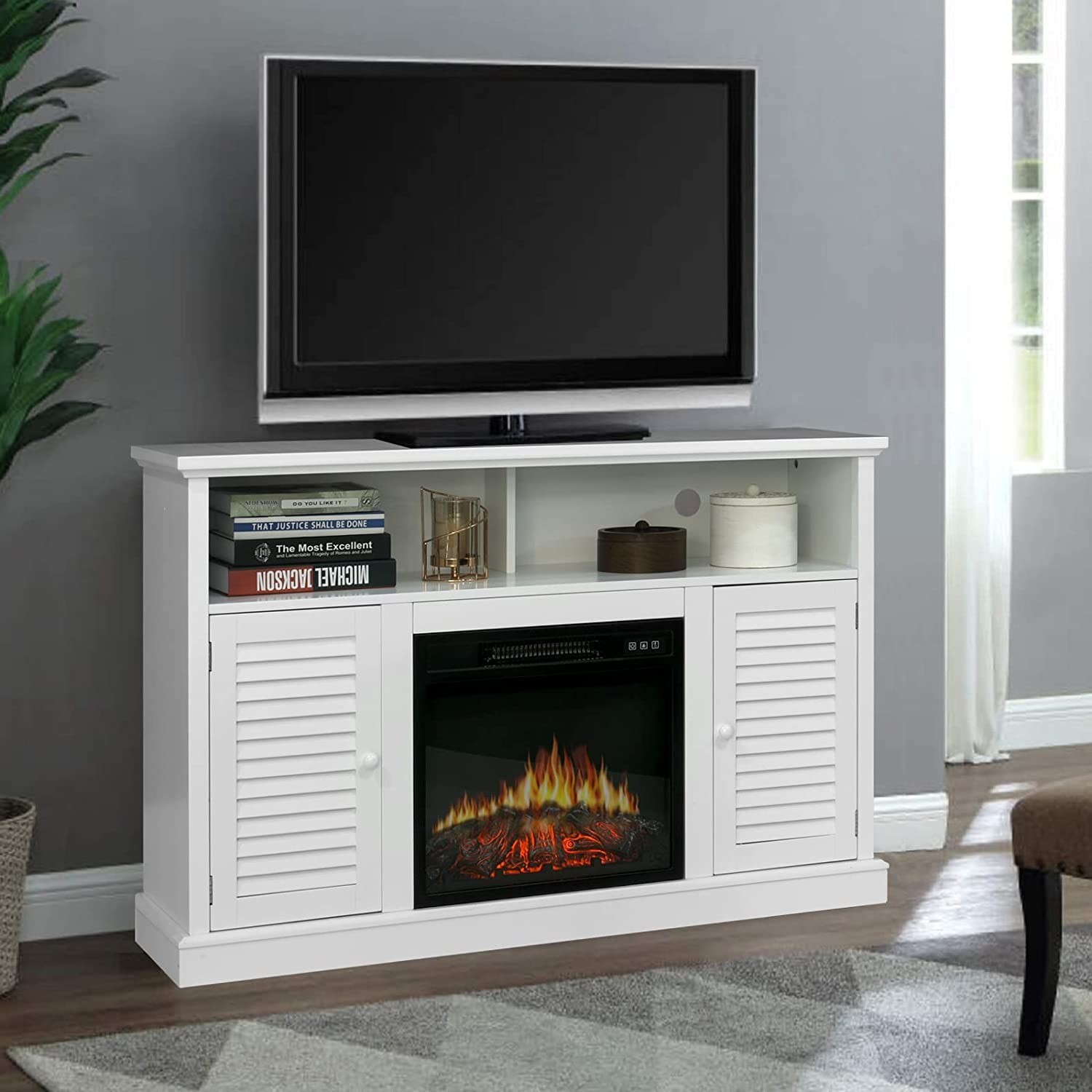 Electric Fireplace Heater Tv Stand W/ Storage White