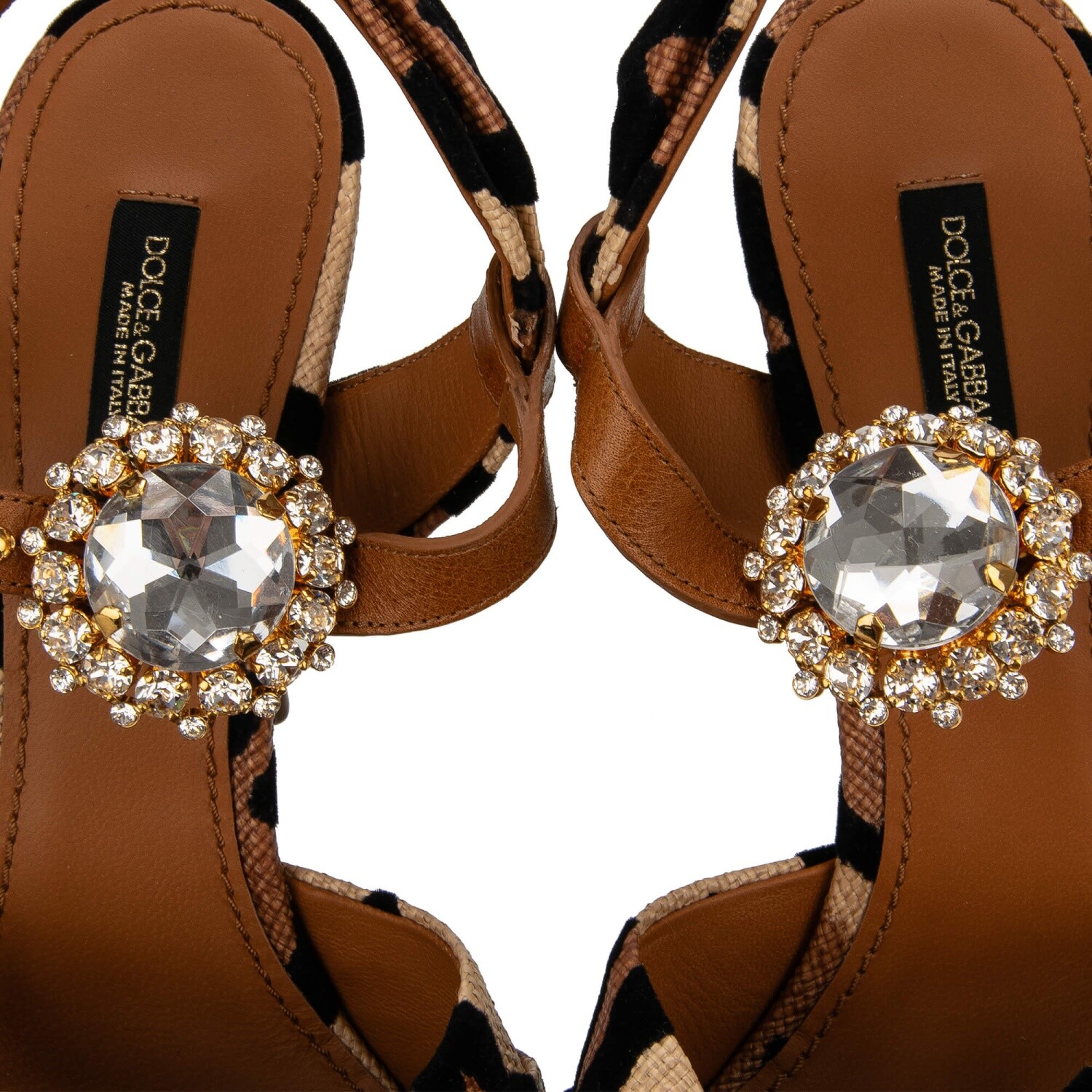 Pre-owned Dolce & Gabbana Leopard Crystal Brooch Sandals Heels Pumps Keira Beige Black