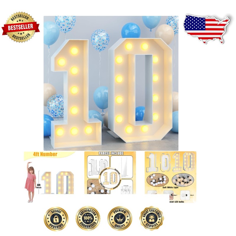Giant Retro 4ft Light Up Number 10 Sign - Perfect