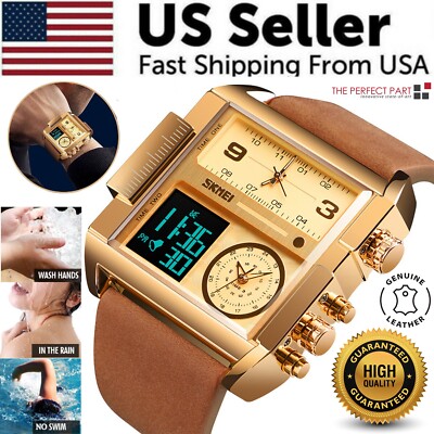 skmei watch large dial digital led qaurtz sport stopwatch leather wristwatch men 144460634116