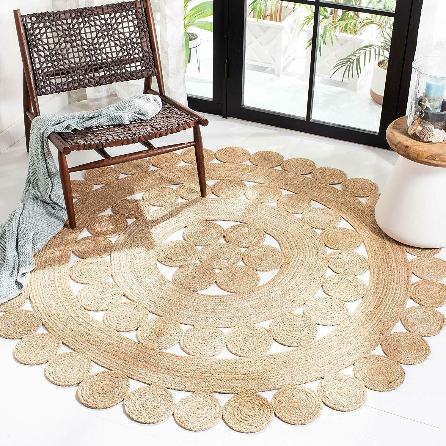 Round Rug Jute Circle Design Braided Farmhouse Jute Area Rug