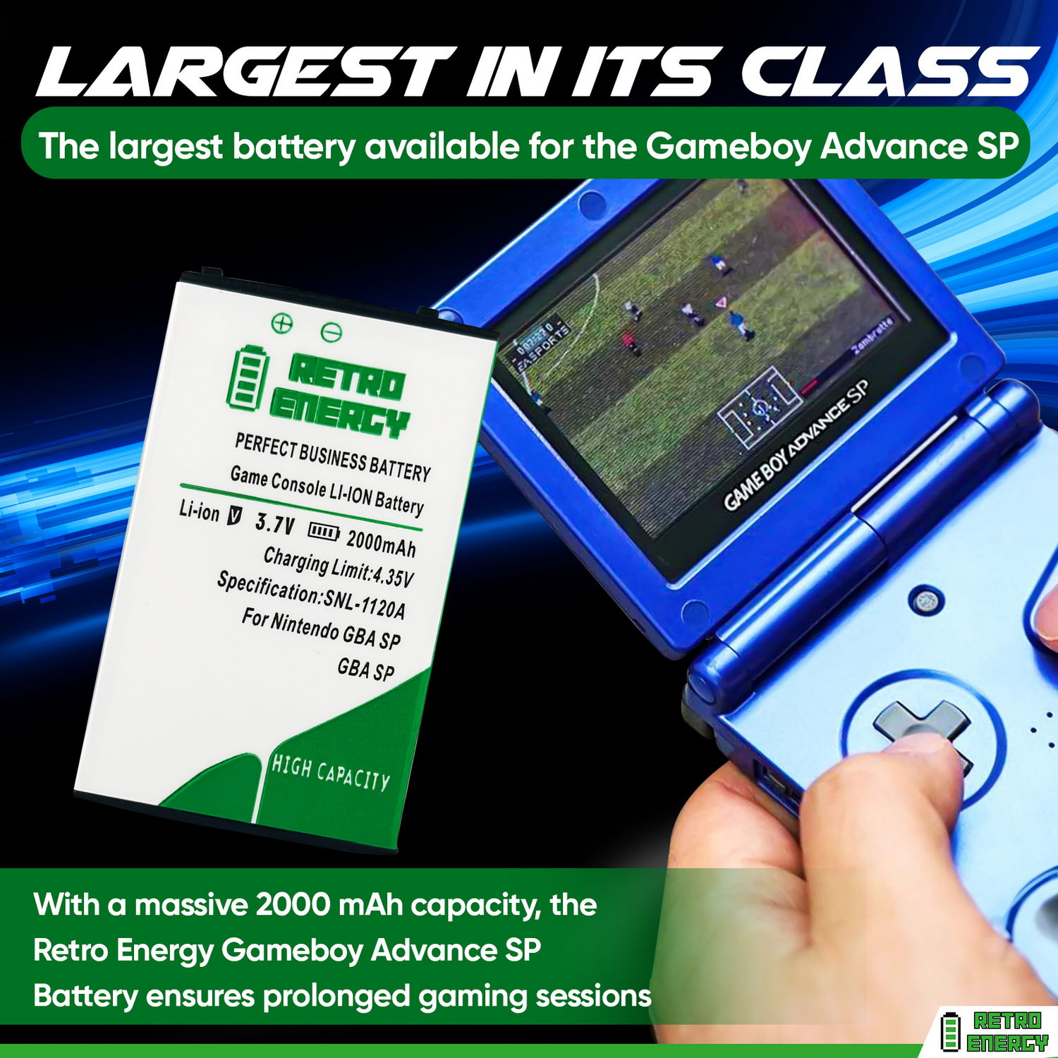 Retro Energy Gameboy Advance SP Battery 2000 mAh GBA Lithium Ion LARGEST BATTERY