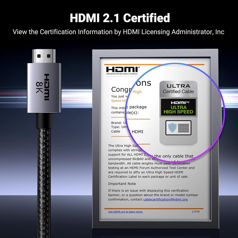 10K 8K HDMI 2.1 Cable 48Gbps 3FT, Certified 8K@60Hz 4K@120Hz 144Hz High Speed Ga