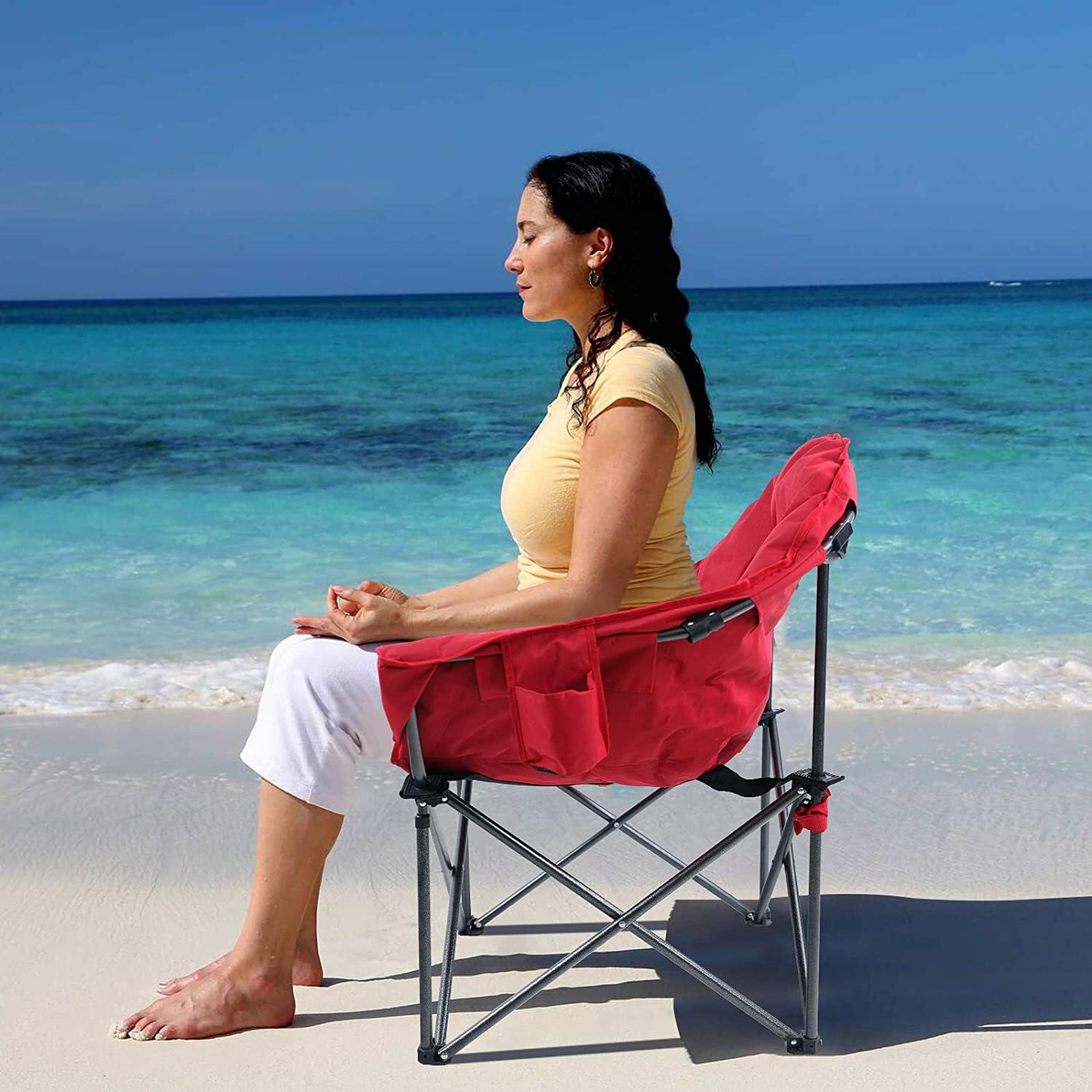 Oversized Folding Camping Chairs Padded Moon Chair Saucer Recliner w/ Carry Bag