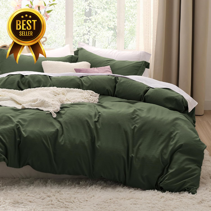 Prewashed Duvet Cover Queen, Cotton-Like Bedding Set, Olive Green