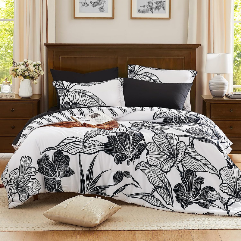 , 5 Pieces Black And White Floral Comforter Set With Sheets, F