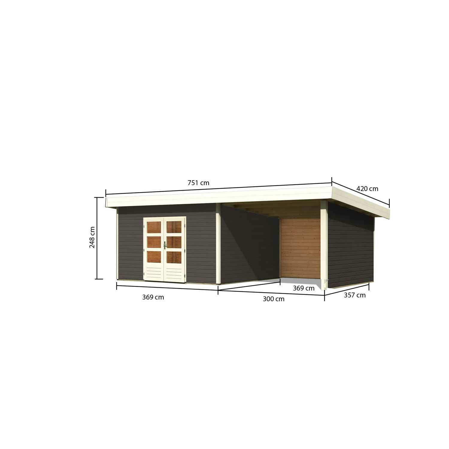 Karibu Gartenhaus Northeim 5 SET terragrau mit Anbaudach 3,3 m Seiten u