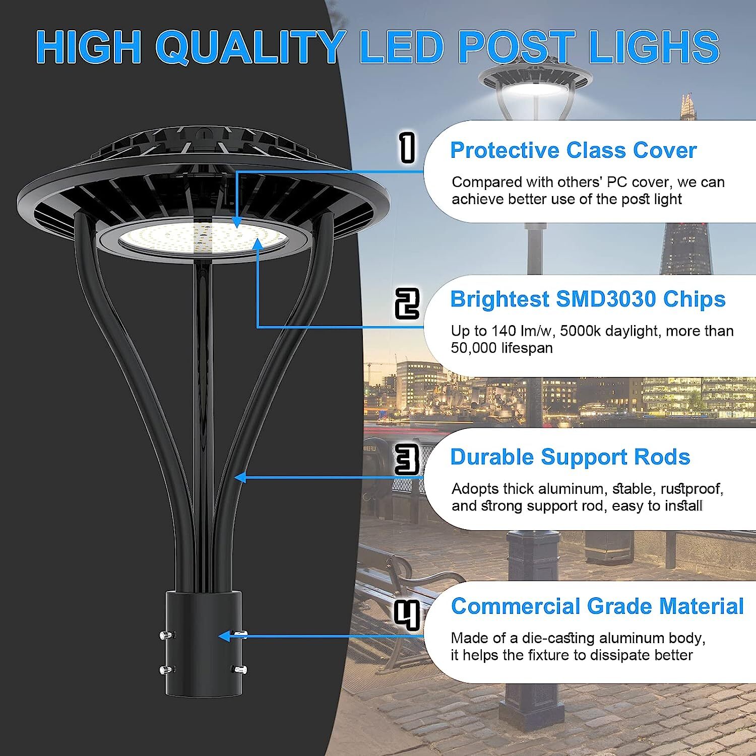60W LED Post Top Light Dusk to Dawn Parking Lot Street Garden Pole Light Fixture