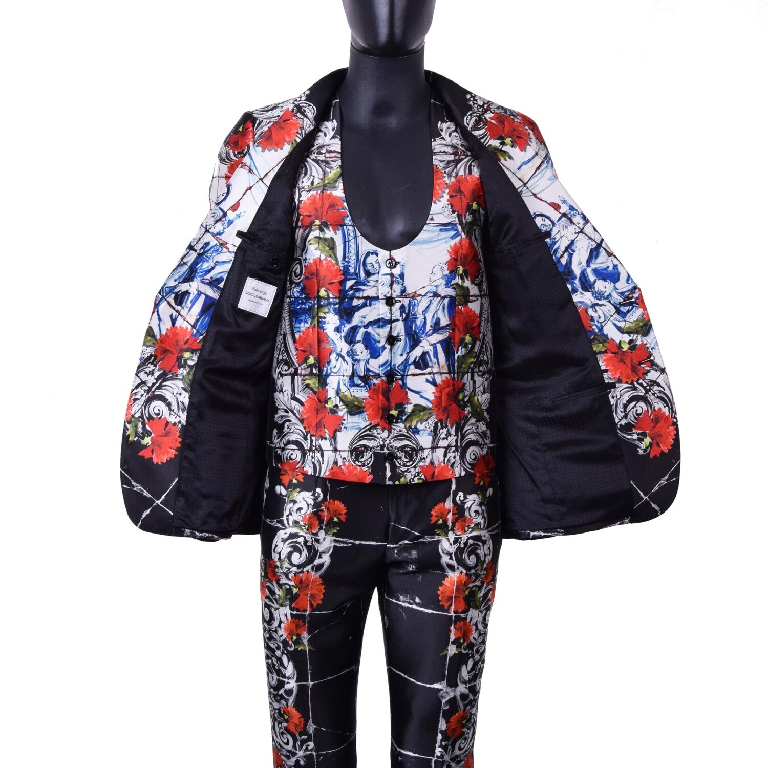 Pre-owned Dolce & Gabbana 3-piece Torero Carnation Print Silk Suit Black White Red 06908