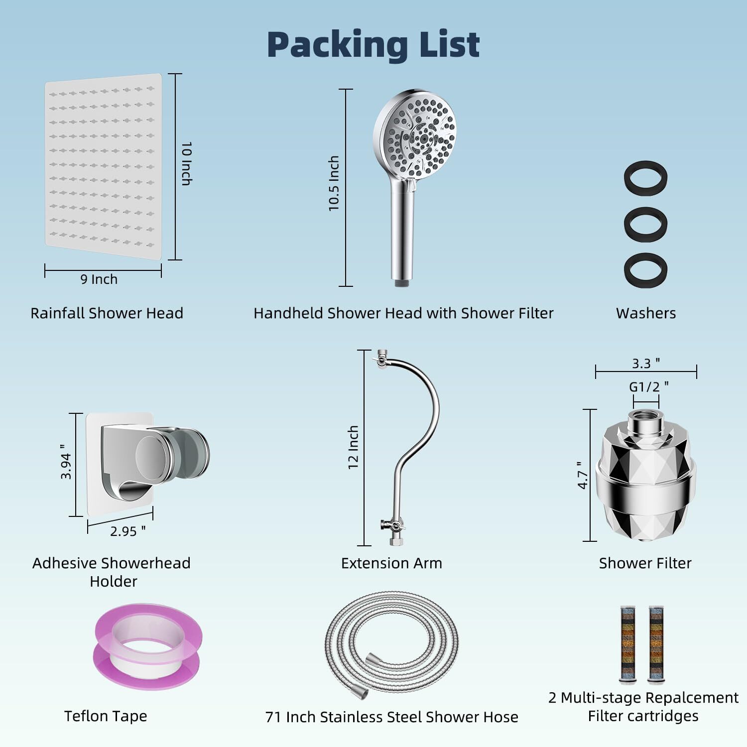 High Pressure All Metal 10'' Dual Filtered Rainfall Shower Head Combo