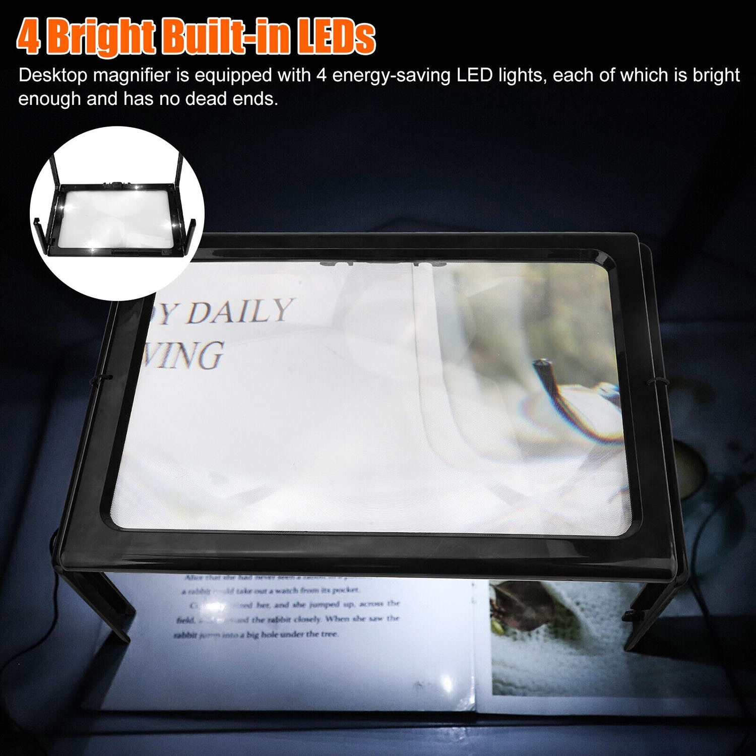 Full Page 3X Large Magnifier Book Reading Aid Magnifying Glass w/ 4 LED Lights