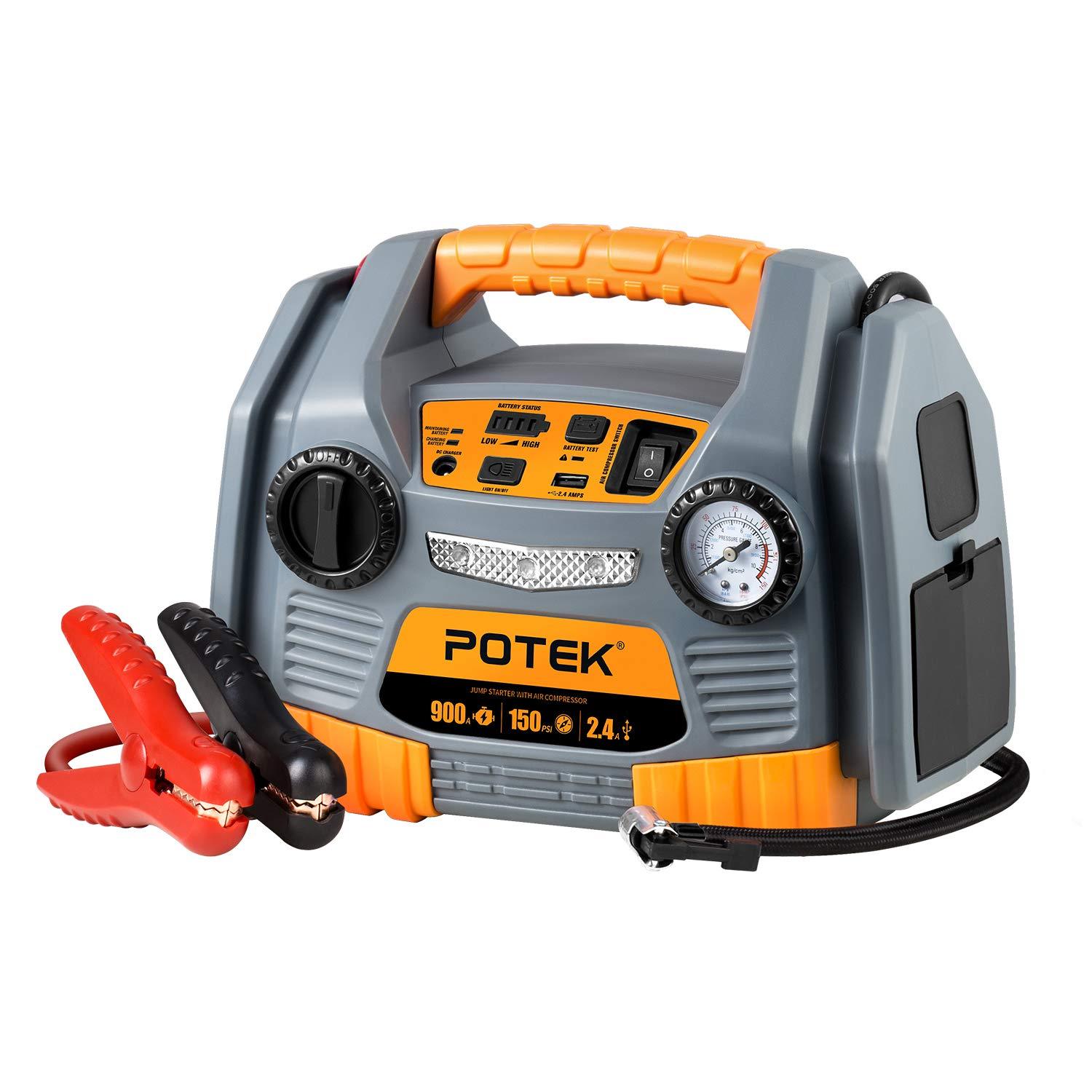 Potek Jump Starter Source150 Psi Tire Inflator/air Compressor,900 Peak Amp