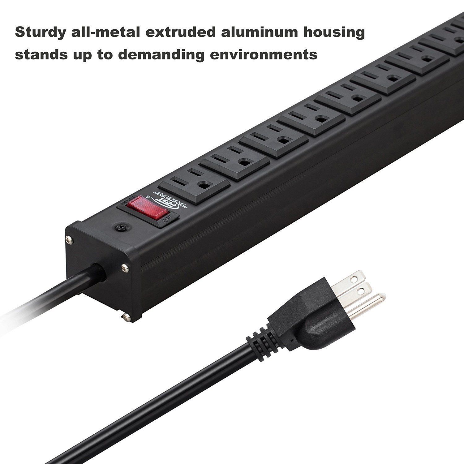 Power Strip 16 Outlets Multi Metal Housing Heavy Duty 15 Feet Cord Black CRST
