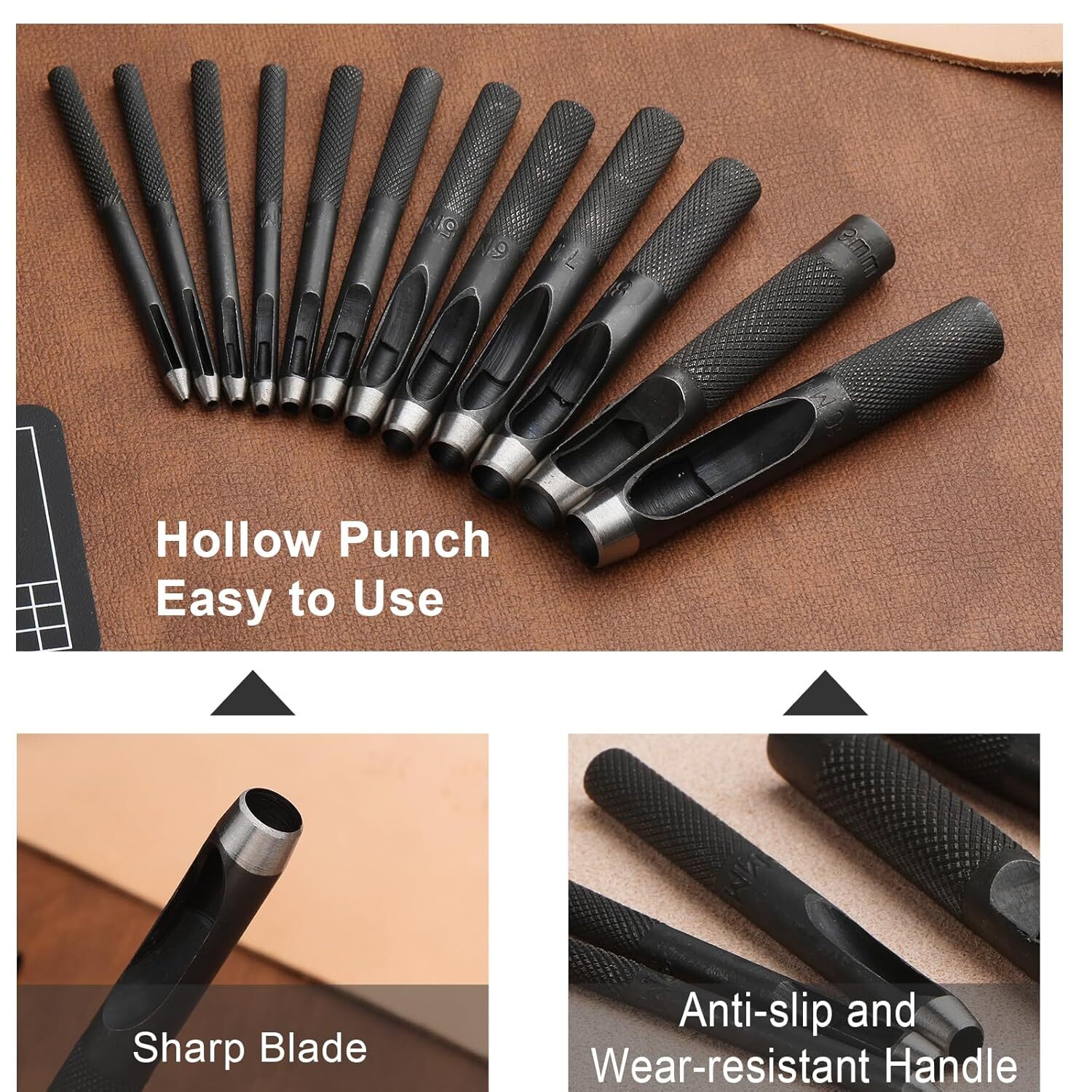 Leather Hole Punch Kit Round Hollow Hole Punch Industrial Grade with Hammer Mat