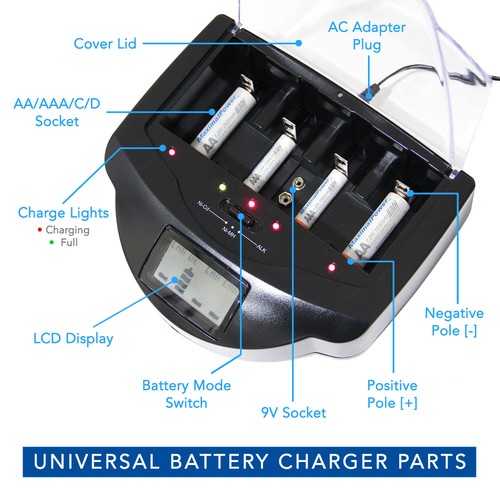 Universal Battery Smart Charger For AA AAA C D 9V Cell  Ni-Mh Ni-Cd Alk Battery