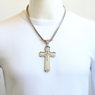 Heavy Solid Silver Stainless Steel Men Cross Necklace Pendant Franco/Rolo Chain