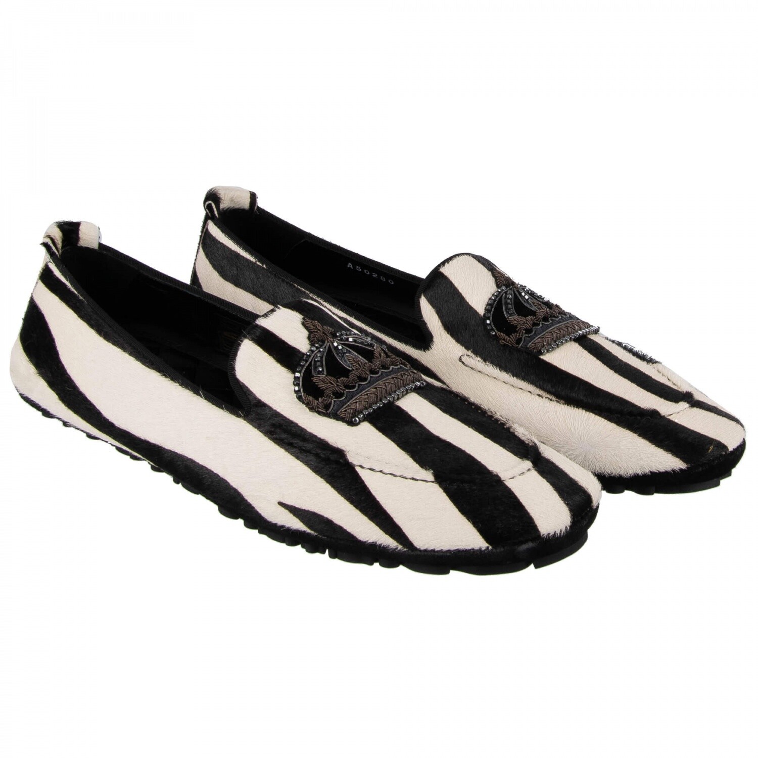 DOLCE & GABBANA Меховые лоферы KING DRIVER Crown Embroidery Zebra Black 09522