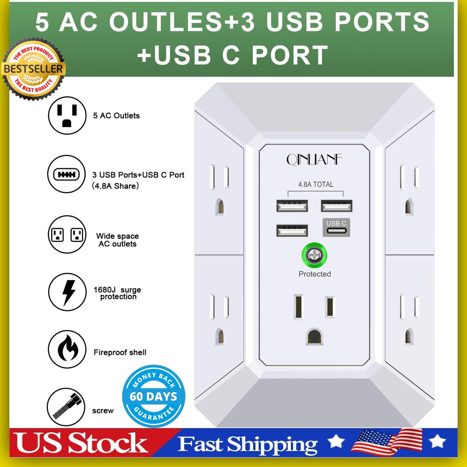 5 Outlet Extender Surge Protector Multi Plug Wall Adapter USB Charger Ports with
