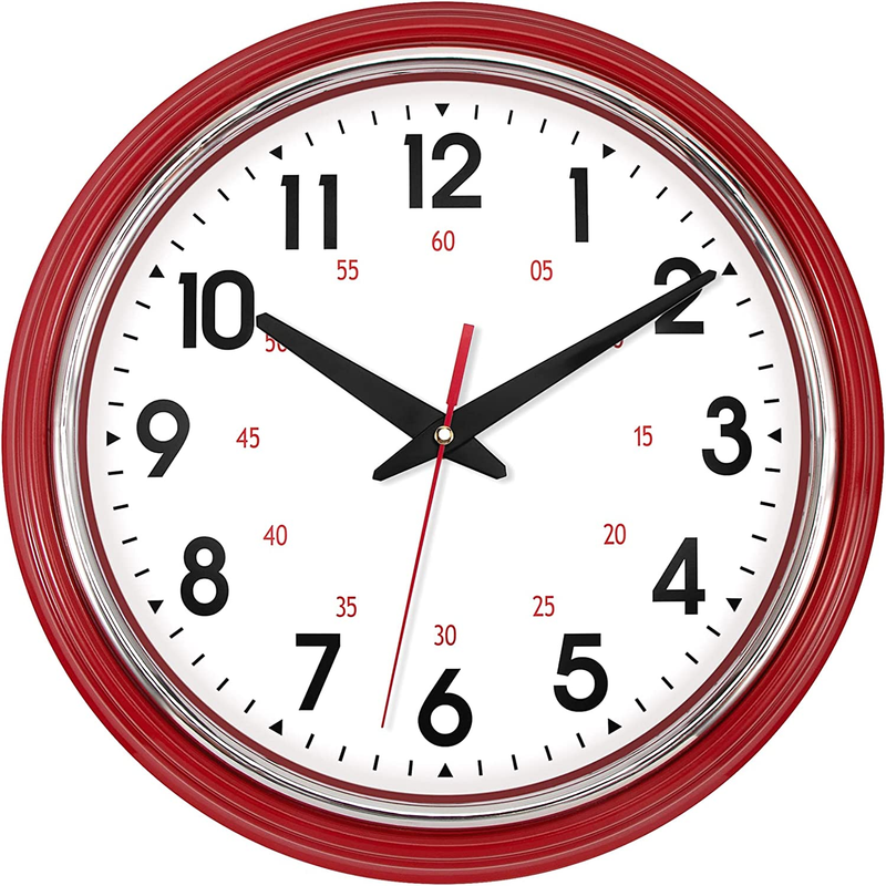 12 Inch Red Wall Clock Battery Operated Retro Silent Non-Ticking Round Classic