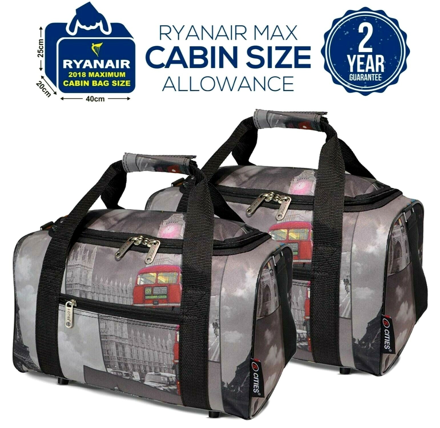 5 Cities 2019 Ryanair 40x20x25 Max Size Carry on Cabin Holdall Bag Set