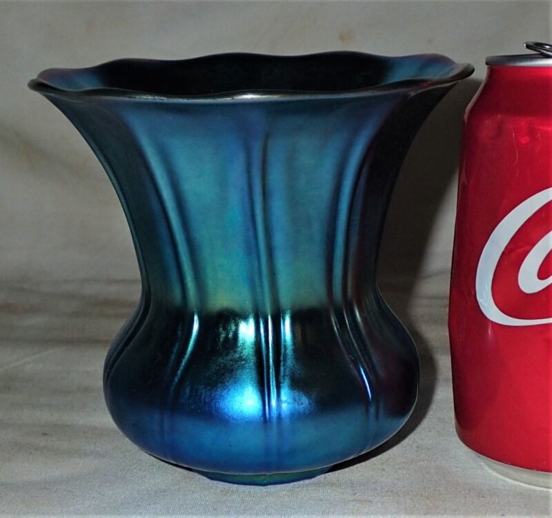 "mint"  Antique Steuben Usa Blue Aurene Art Deco Flower Glass Vase L.c.t. Era A+