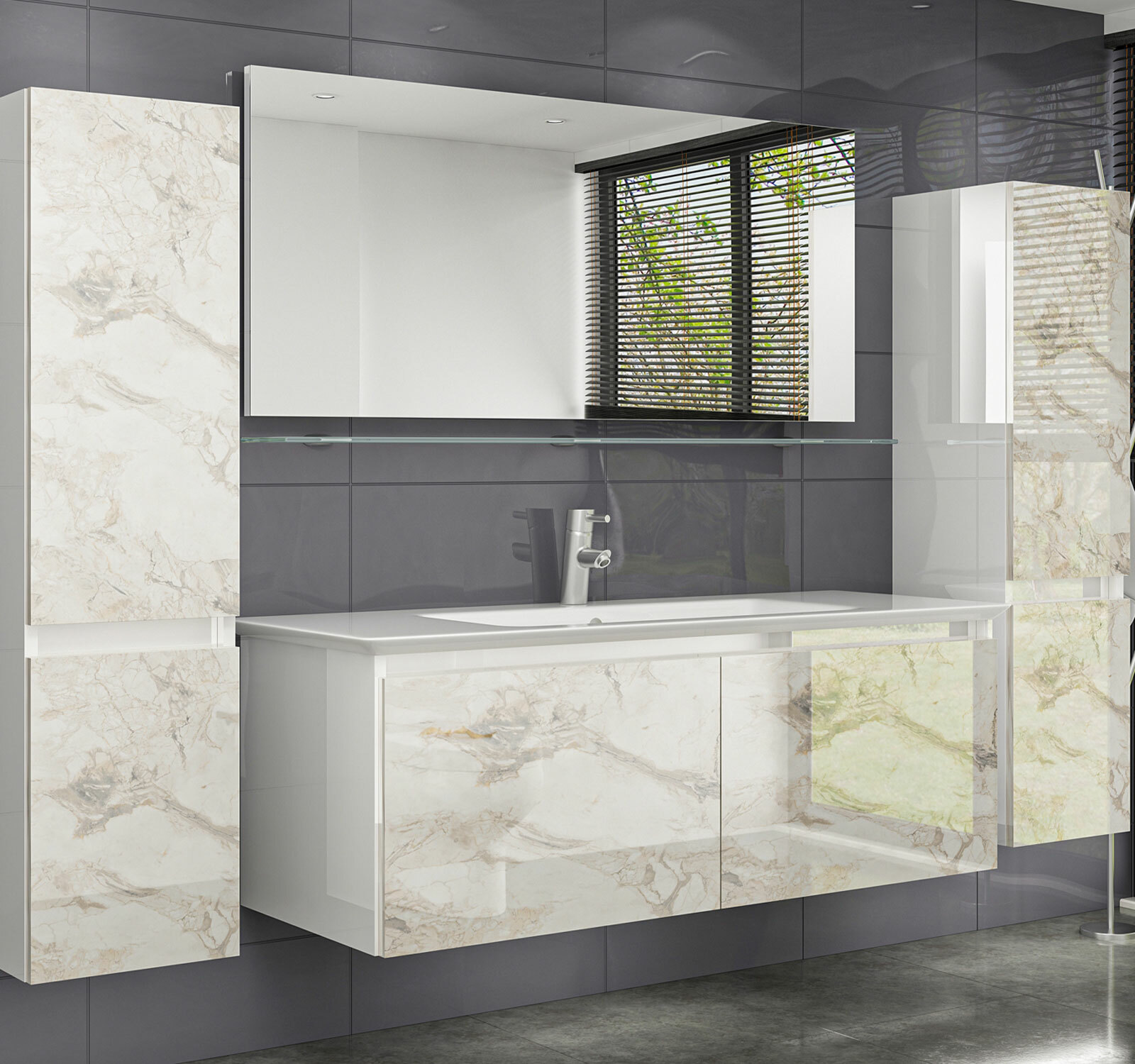 Badmöbel Set Weiss Marmor Optik Hochglanz Badezimmermöbel 60 cm  90 cm 120 Diana