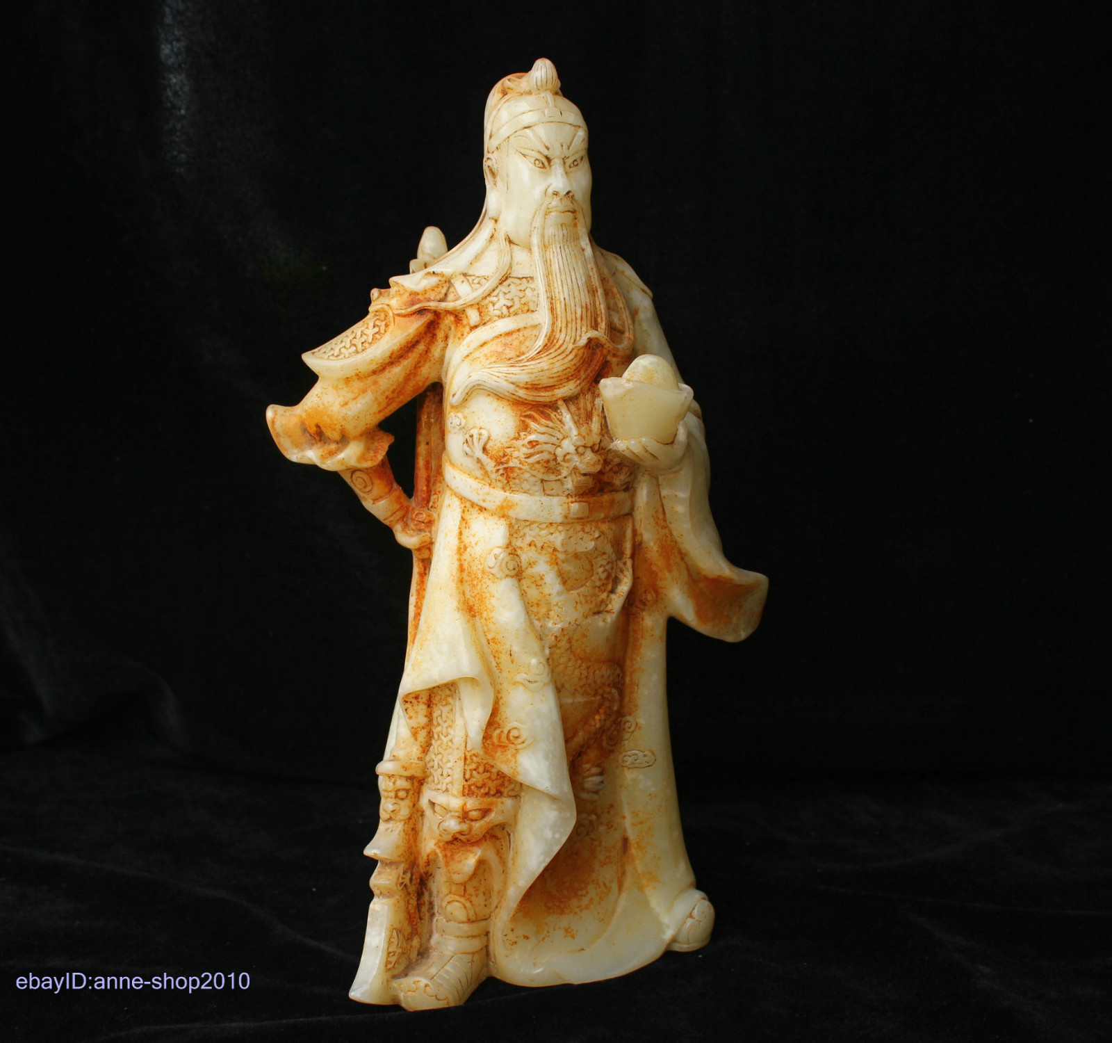 30cm China Natural Old Jade hand carved warrior Guan Yu Statue