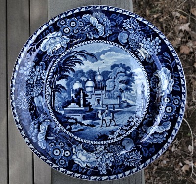 Antique Coalport Hawthorn pattern dark blue bone china 10 soup bowl with white flowers