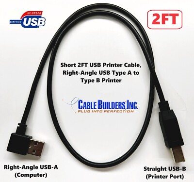 SHORT USB PRINTER CABLE 2FT CORD RIGHT-ANGLE TYPE A TO B for EPSON HP DELL ZEBRA