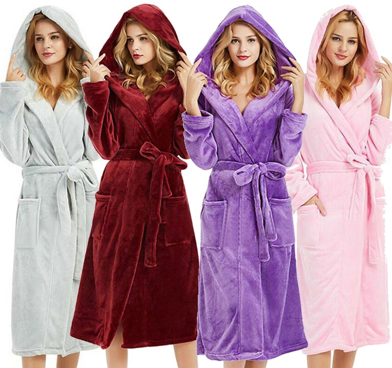 Damenbademantel mit Kapuze Saunakittel Bademantel Flauschig Warme Lange Gewand