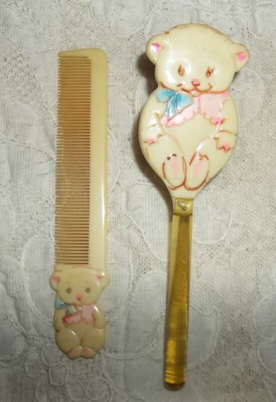 Vintage Celluloid Comb and Brush witth teddy bears!  Baby Doll Dresser Set