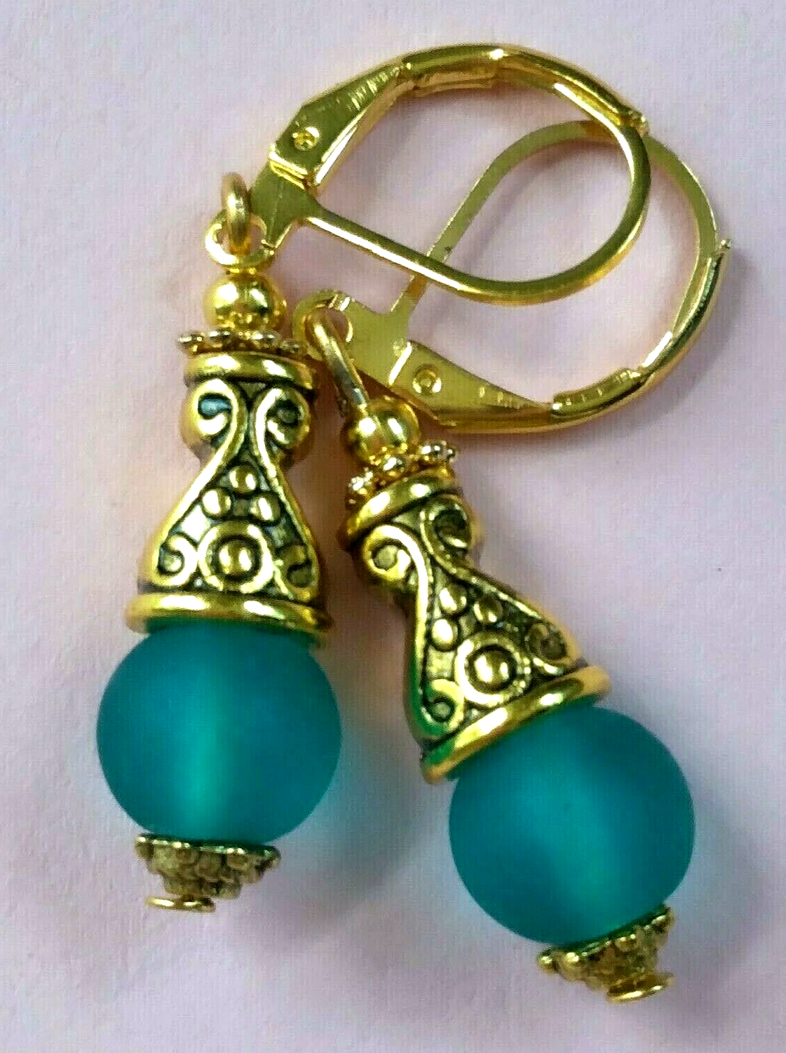 teal green BEACH FROSTED GLASS drop earring GP HANDCRAFTED XX