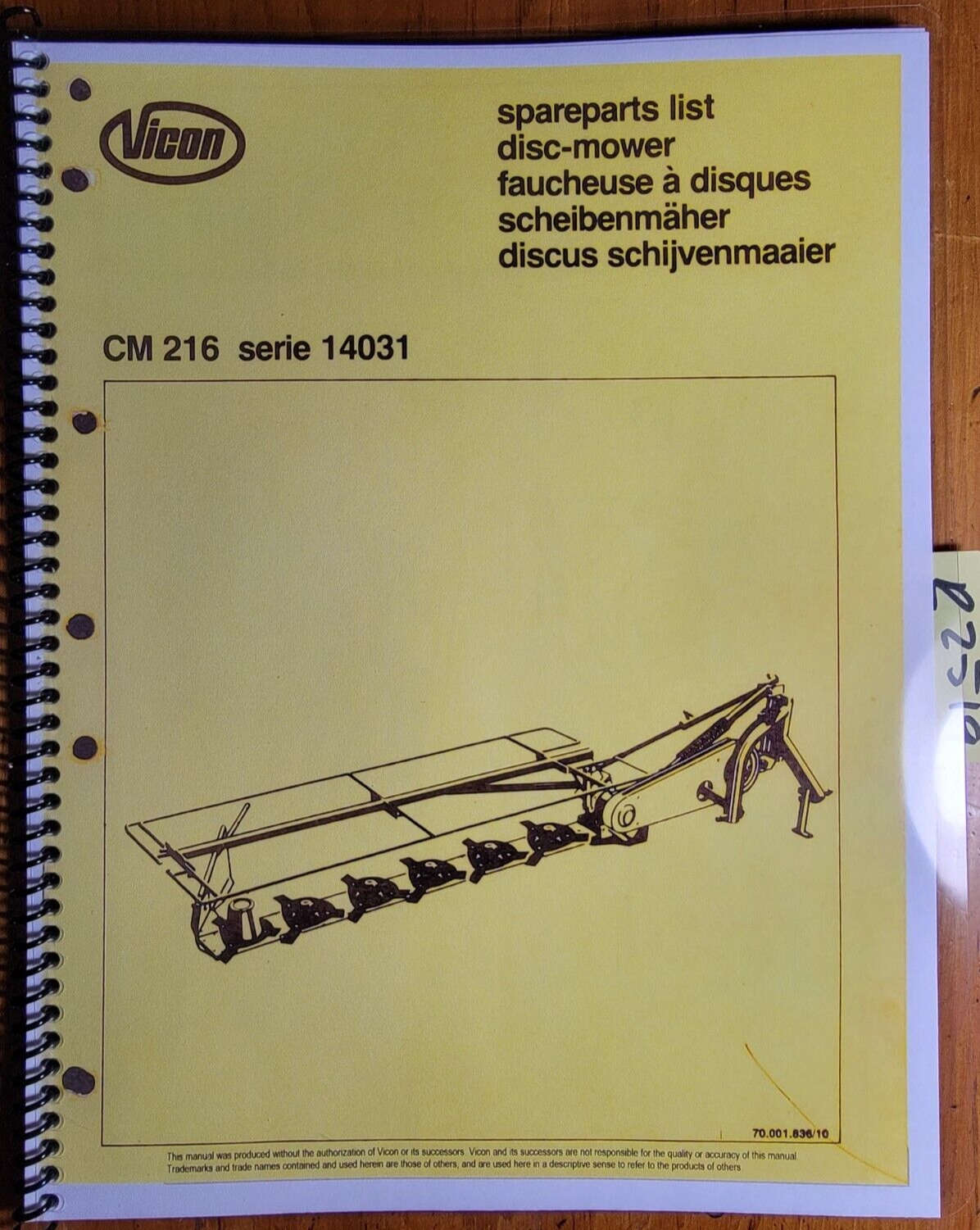 Vicon CM 216 Series 14031 Disc Mower Parts Manual 70.001.836