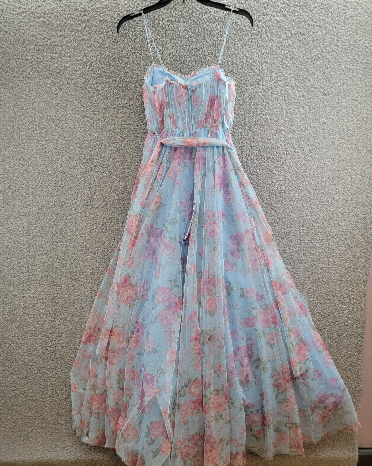 City Studio Floral-Print Bustier Gown Women's 0 Sky/Rose Ruffle Sweetheart Neck - Picture 9 of 16
