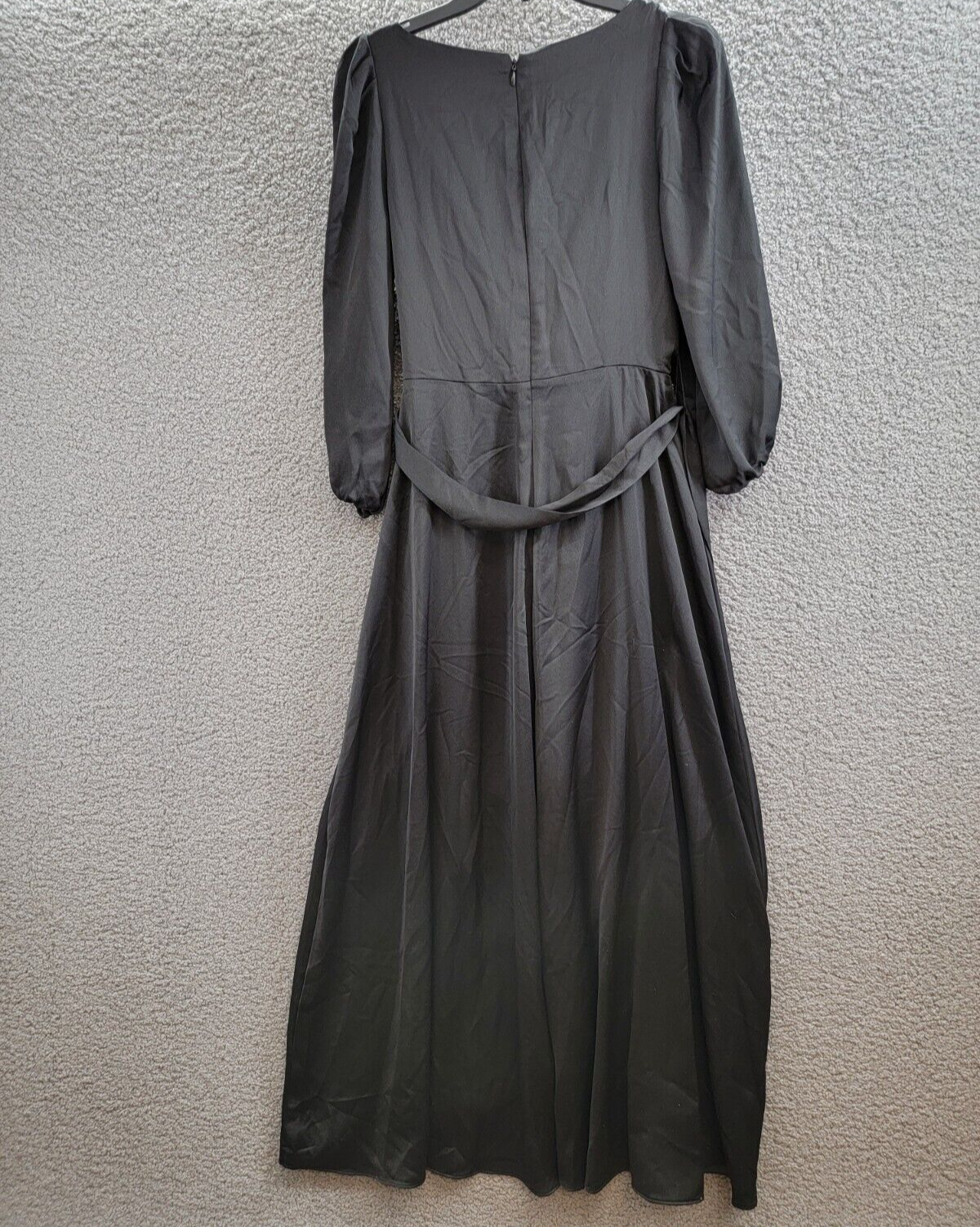 DKNY Balloon-Sleeve Faux-Wrap Gown Women's 4 Black Surplice Neck Tie Waist - Picture 10 of 17