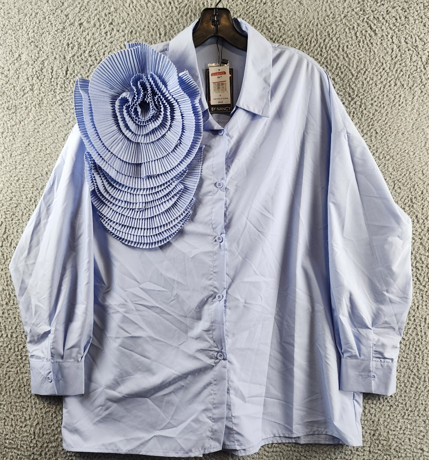 By Nancy Accordion Flower Shirt Women's M Blue Front Button Closure Long Sleeves - Picture 2 of 15