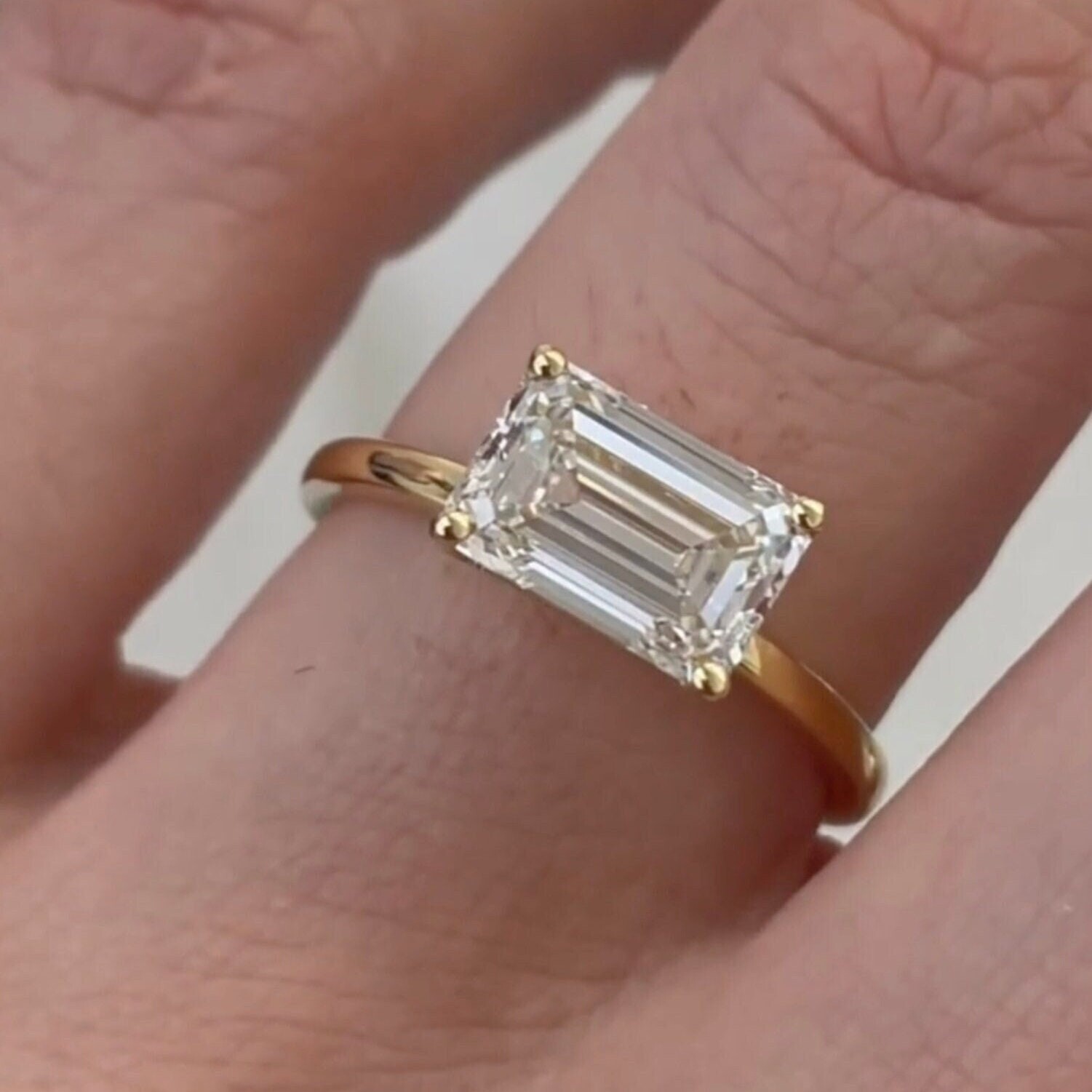 Pre-owned Sterling Four Claw Prong Rings 925 Silver, Emerald Cut East To West Engagement Ring, In Gold